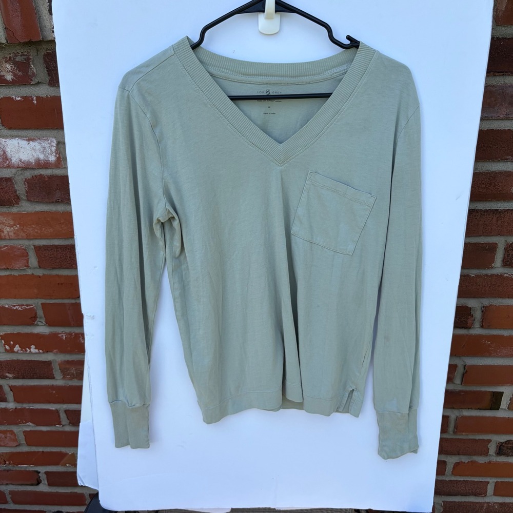 Lou & Grey Supima Cotton V-Neck‎ Long Sleeve Pocket Tee Sage Green XS